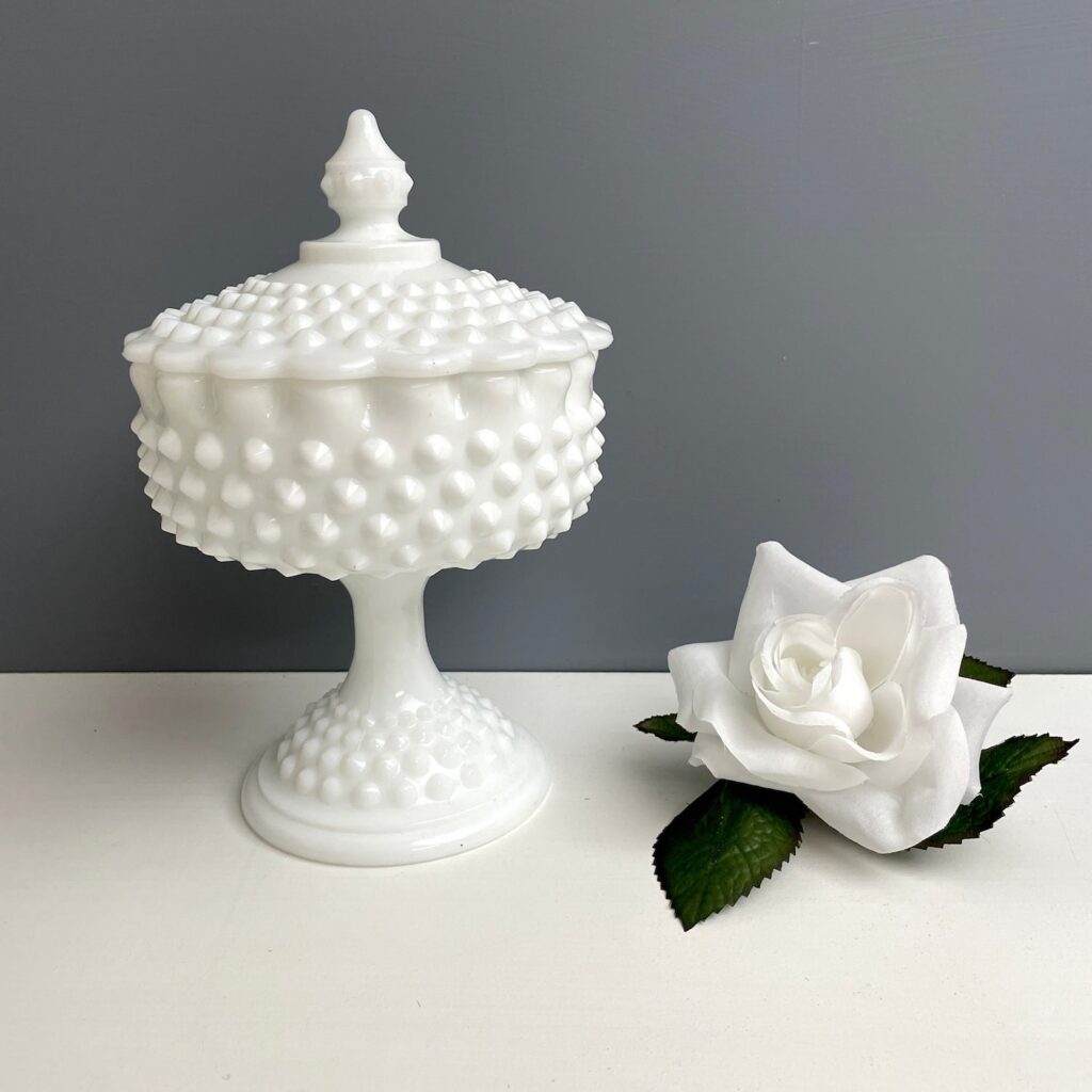 We recently bought a vintage Fenton covered candy dish. 