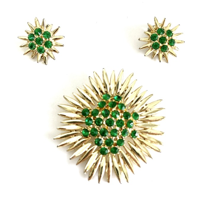 Starburst Brooch and Earrings Set in Green and Gold 