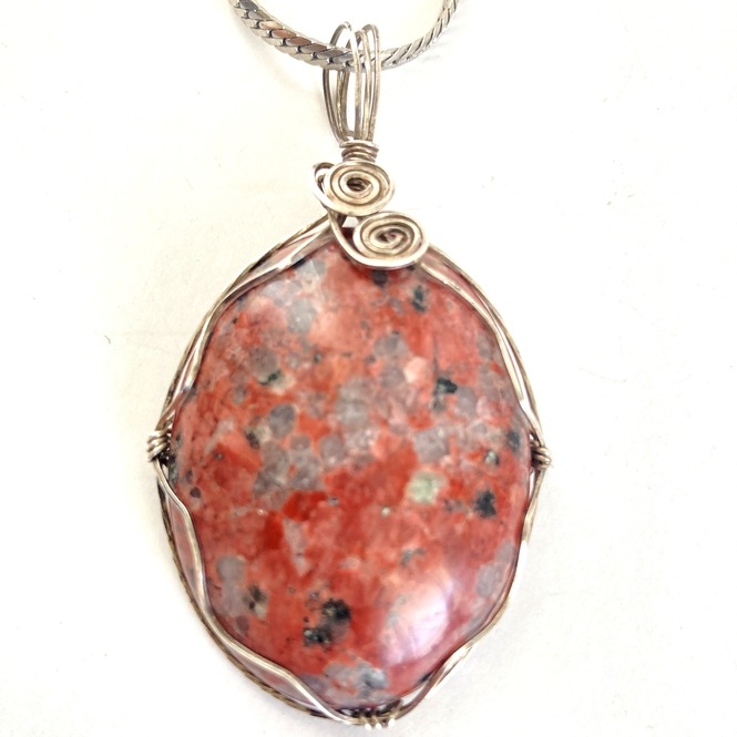 Wire Wrapped Polished Granite Pendant Necklace