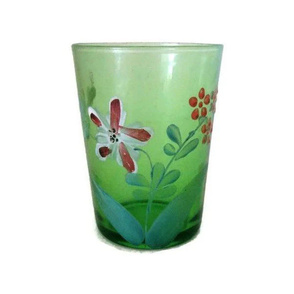 Antique Victorian green floral hand painted glass tumbler