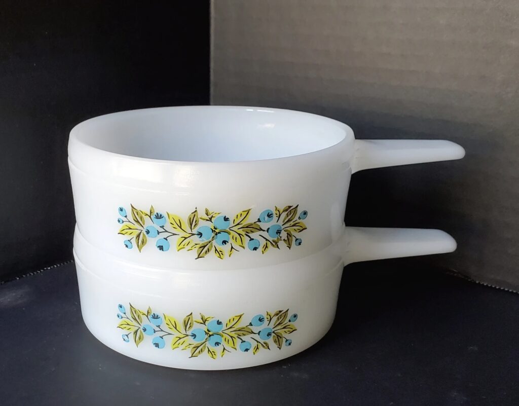 two Glasbake blueberry ramekins