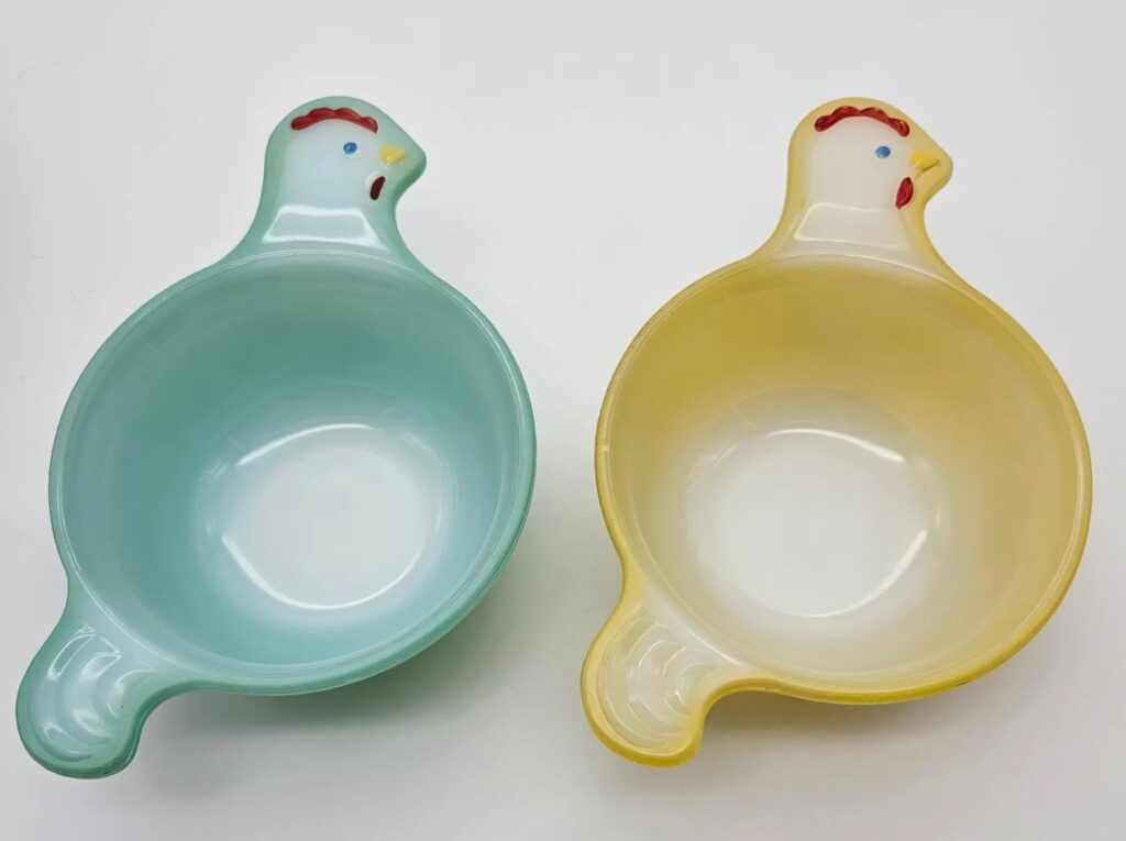 pair of Glasbake chicken dishes with fired on finishes