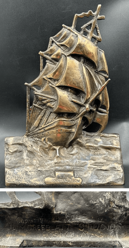 cast metal bookend of the USS Constitution sailing ship by A.M. Greenblatt.