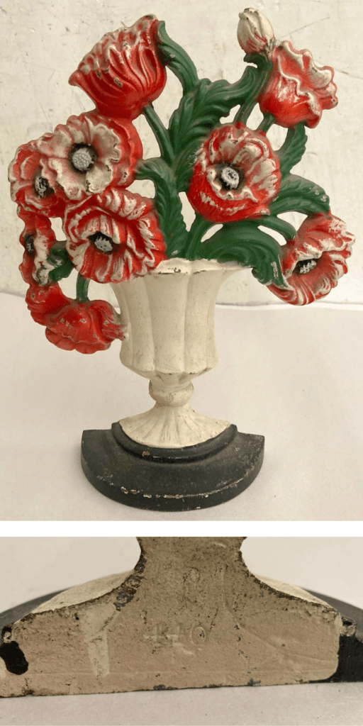 Hubley Poppy Vase doorstop and detail view of the model number on the back.
